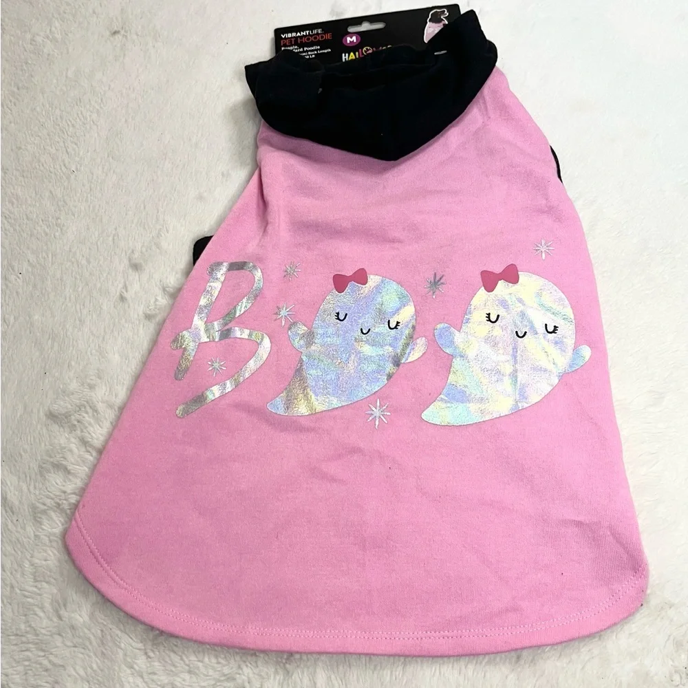NWT Halloween Hoodie for Dogs Size Medium Pink & Black BOO! with Silver Ghosts